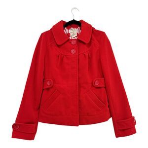Tulle Red Swing Blazer Jacket Pea Coat A Line Snap Closer Hooded Pleated Size L‎